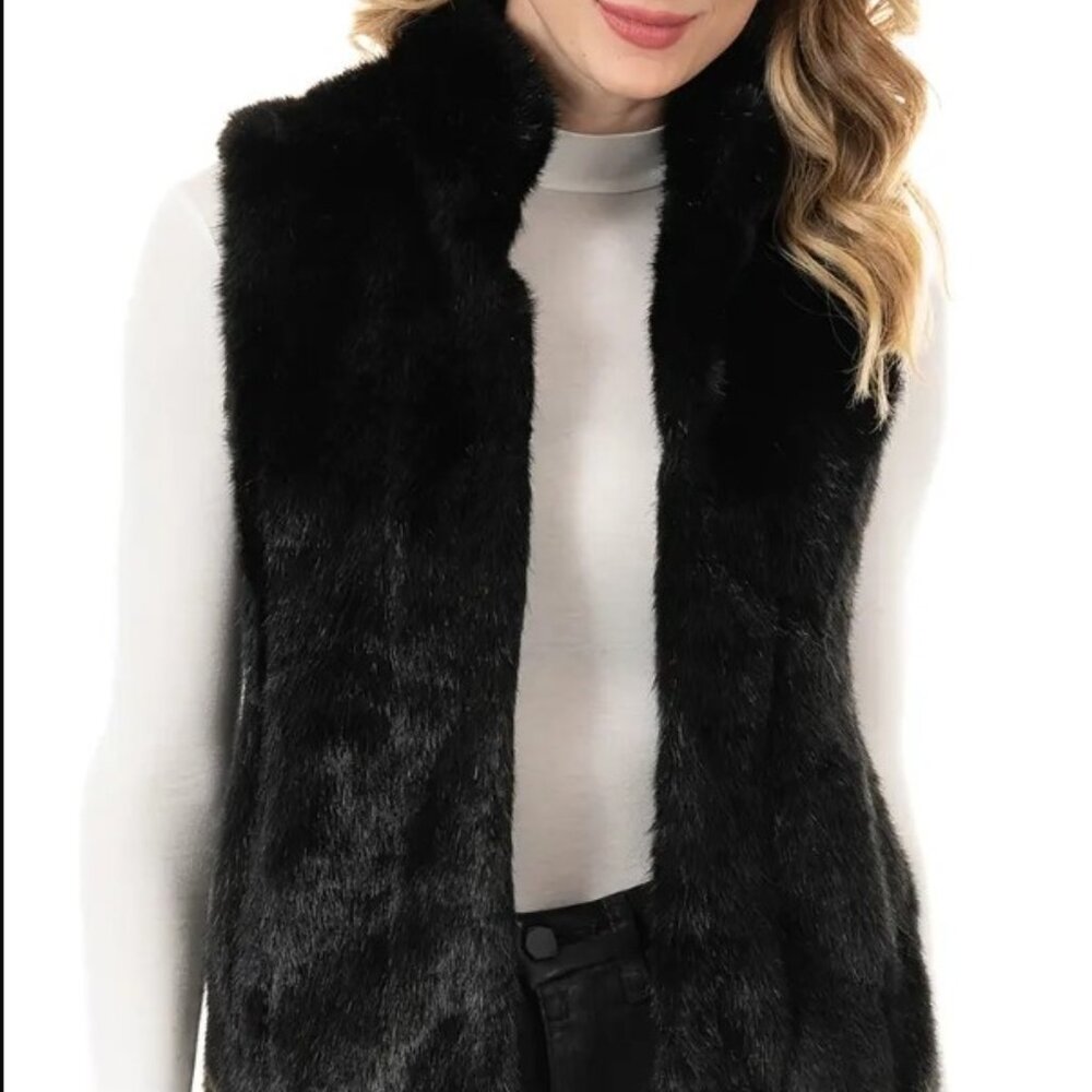 DONNA SALYERS FABULOUS FURS BLACK FAUX FUR HOOK VEST SIZE LARGE